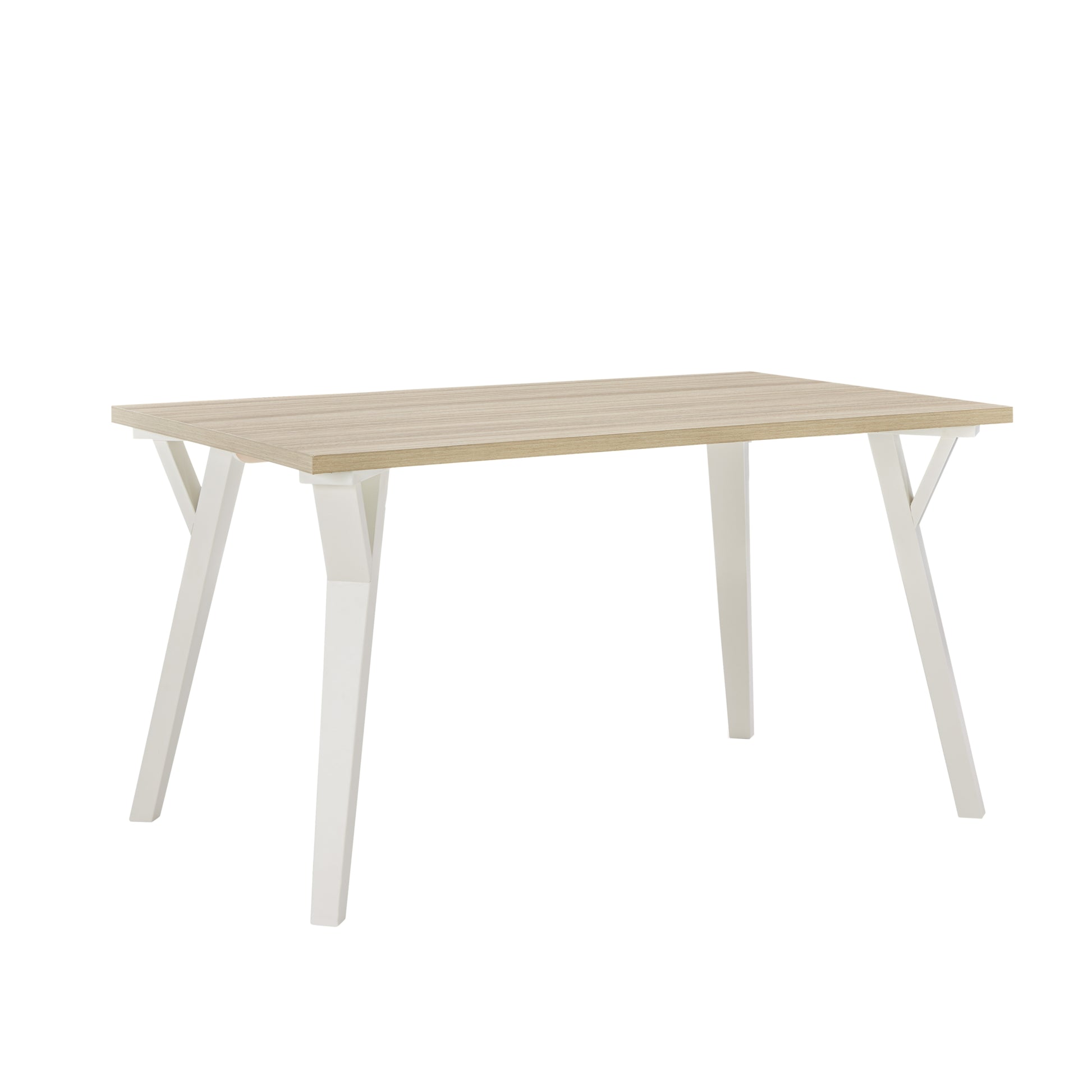 Modern dining table with light oak veneer top and white angled legs