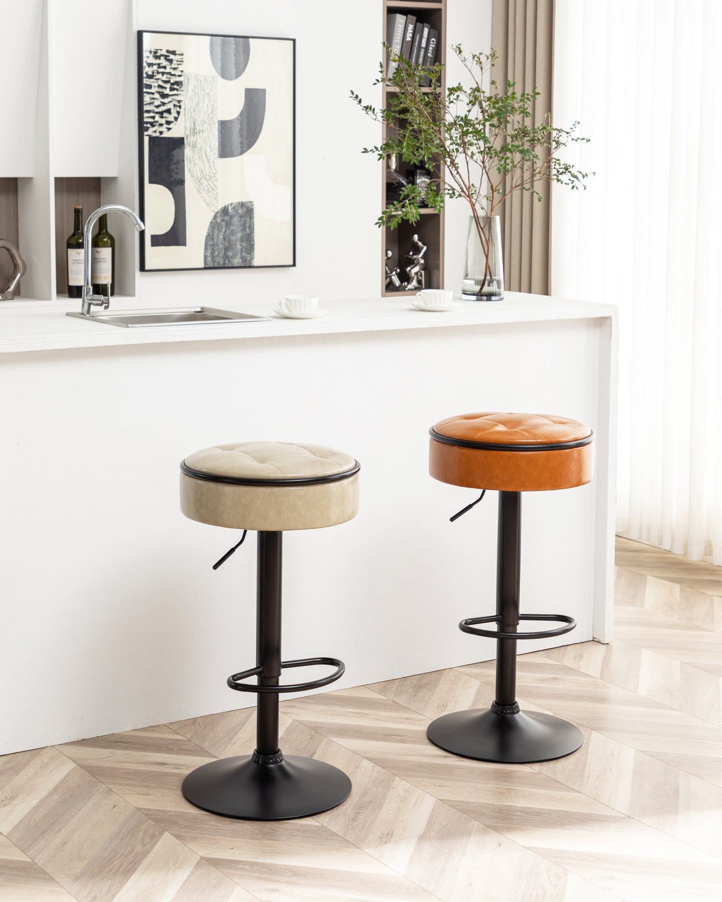 Adjustable beige leather bar stool with tufted seat and black base