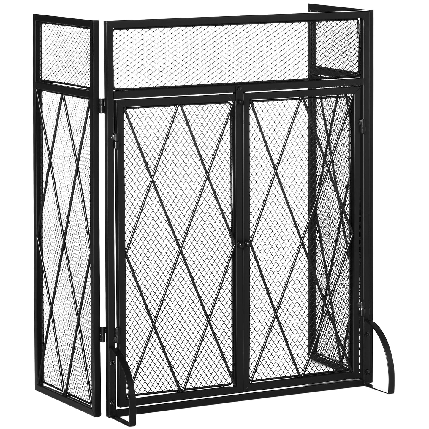 Black metal trifold fireplace screen with diamond mesh paneling and arched feet