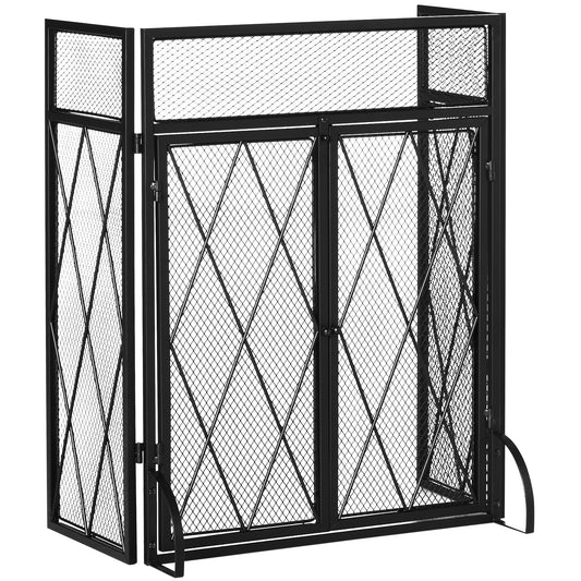 Black metal trifold fireplace screen with diamond mesh paneling and arched feet