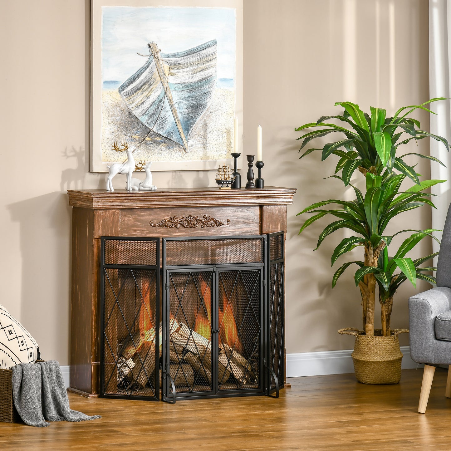 Rustic wooden fireplace mantel with diamond mesh doors and flickering fire