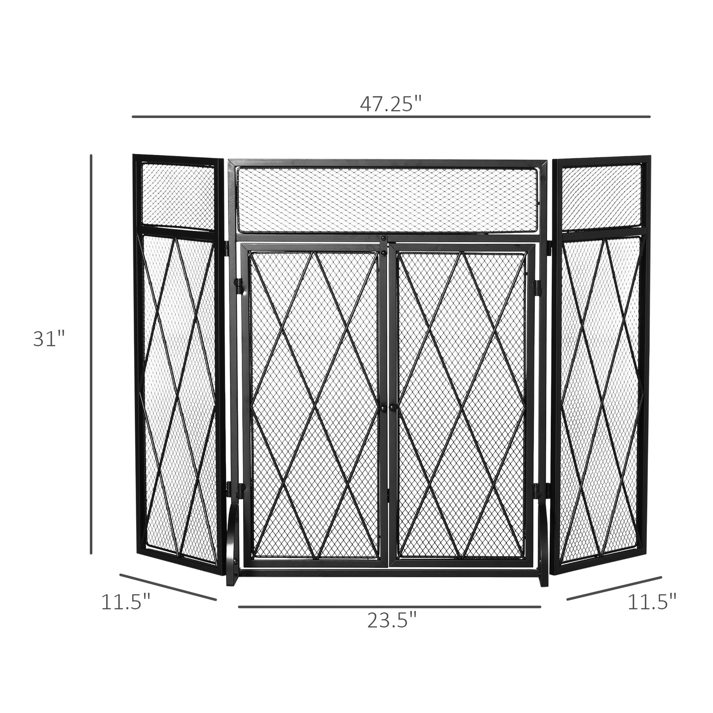 Black metal fireplace screen with diamond pattern mesh and dual doors  wide