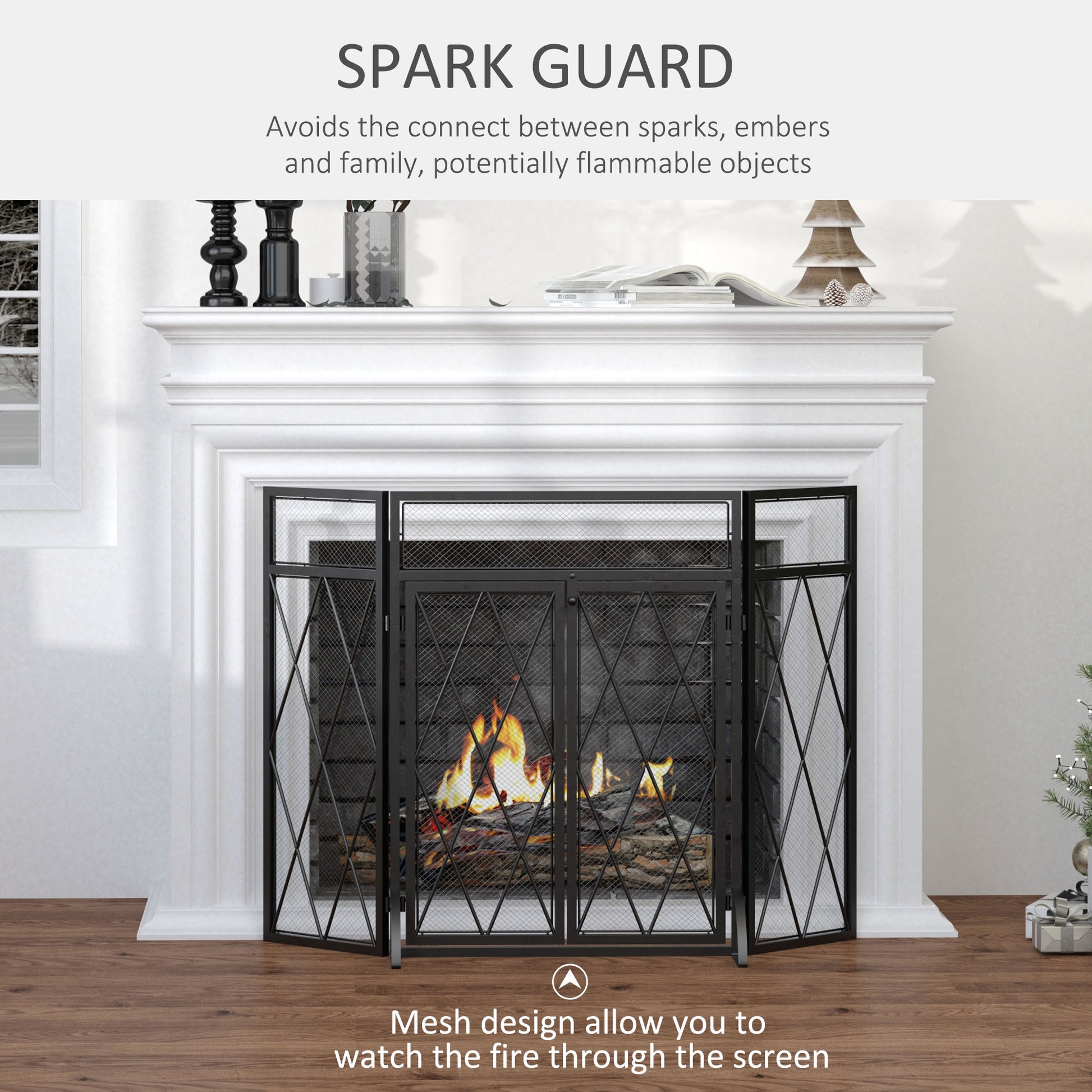 Black metal trifold fireplace screen with diamond pattern mesh