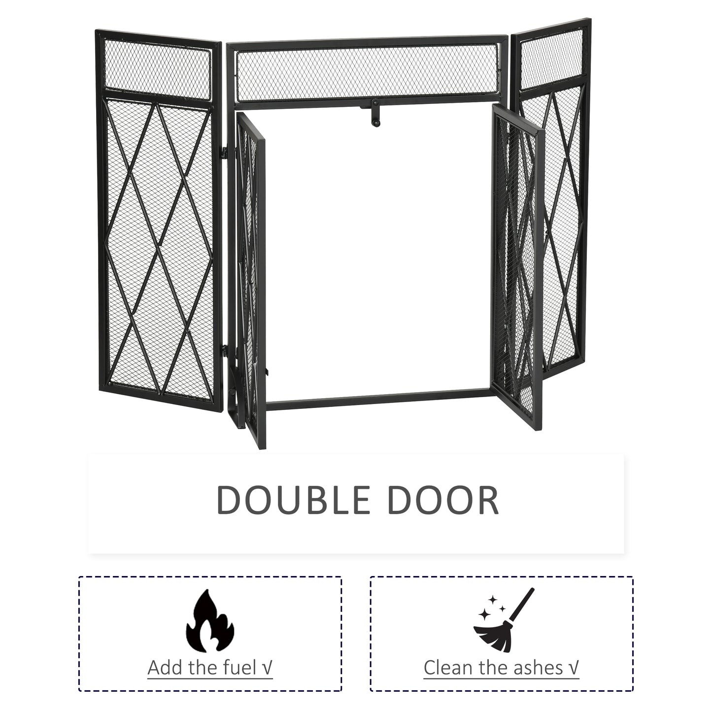 Black metal fireplace screen with diamond mesh and double doors