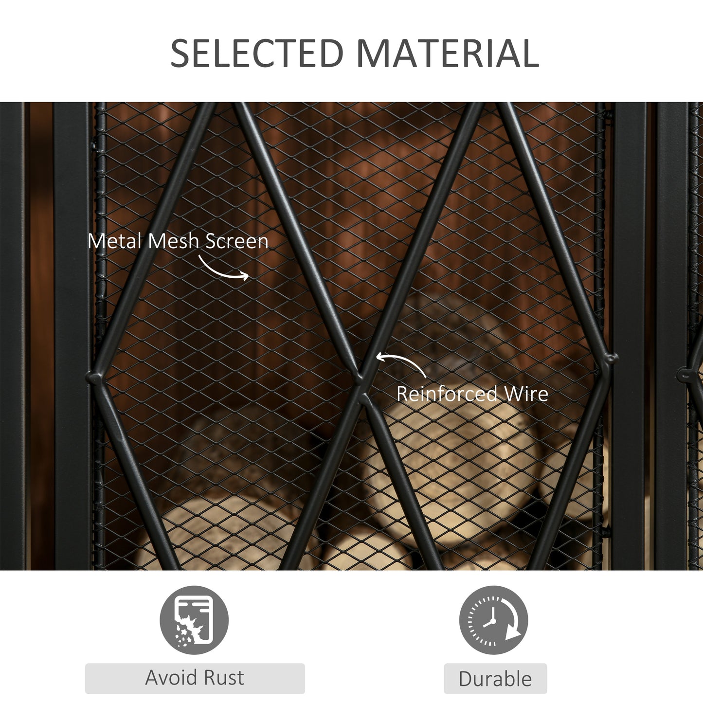 Black metal mesh screen with diamond pattern for fireplace