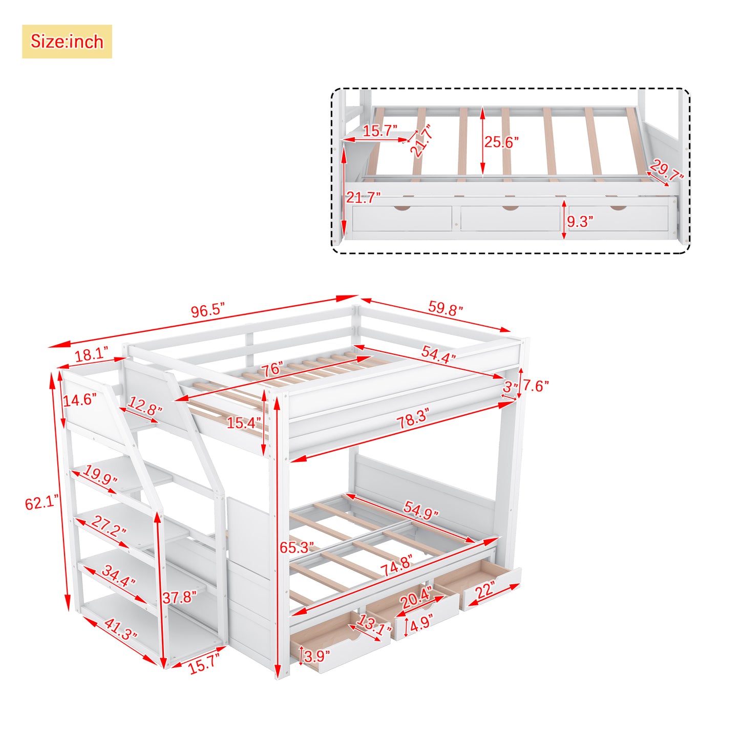 White wooden bunk bed with stairs and drawers