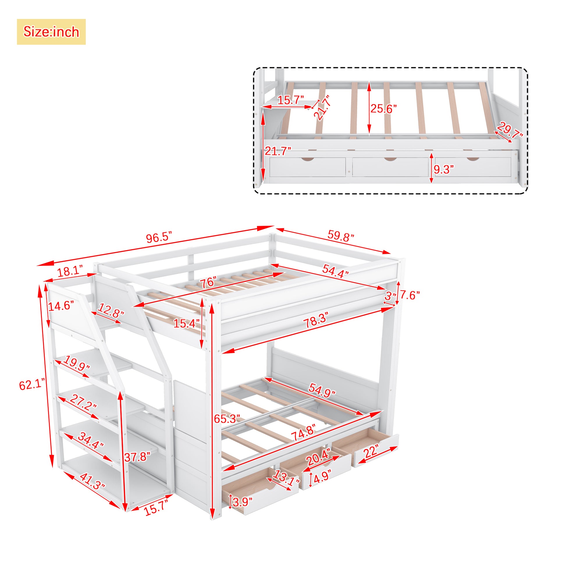 White wooden bunk bed with stairs and drawers