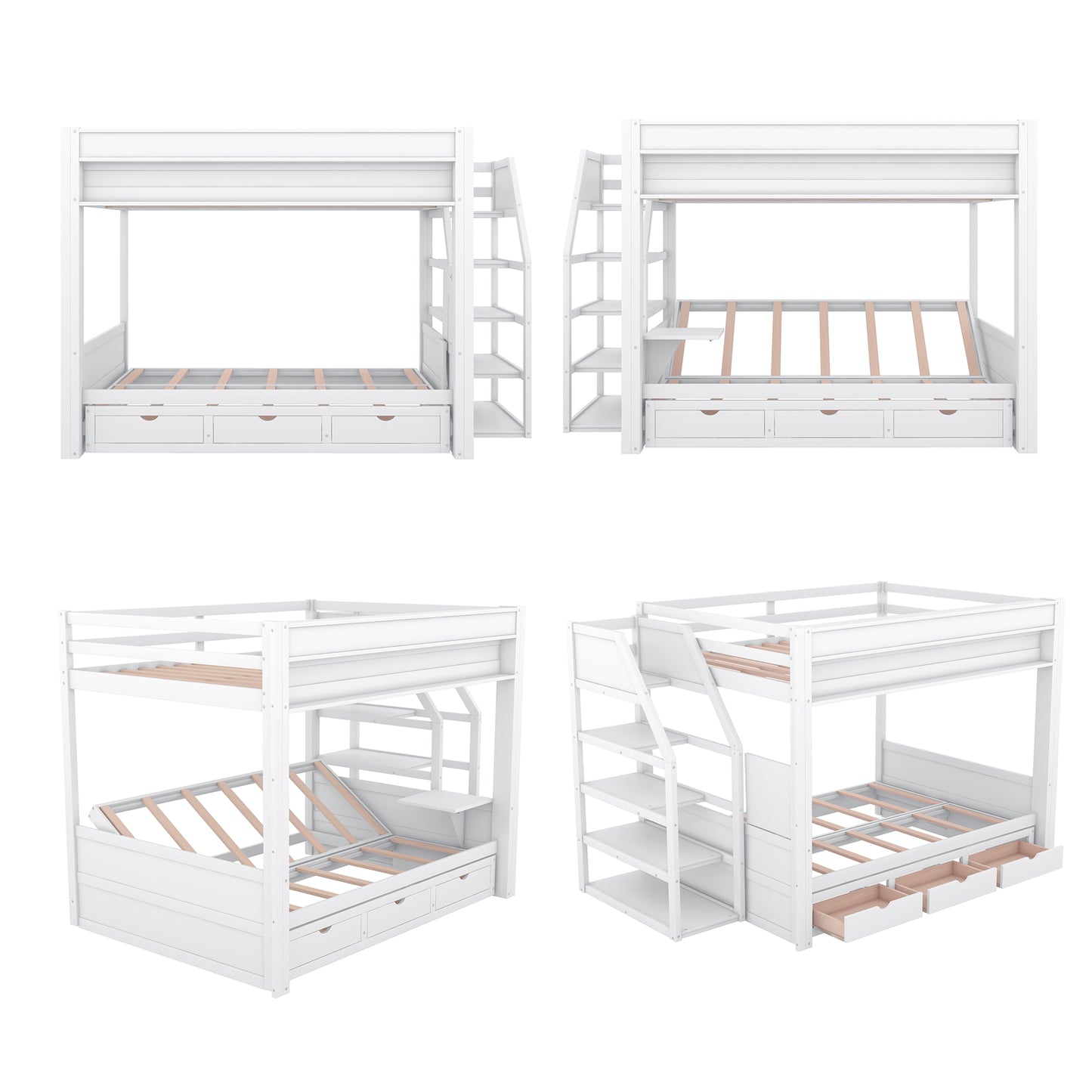White twin over twin bunk bed with storage drawers and ladder