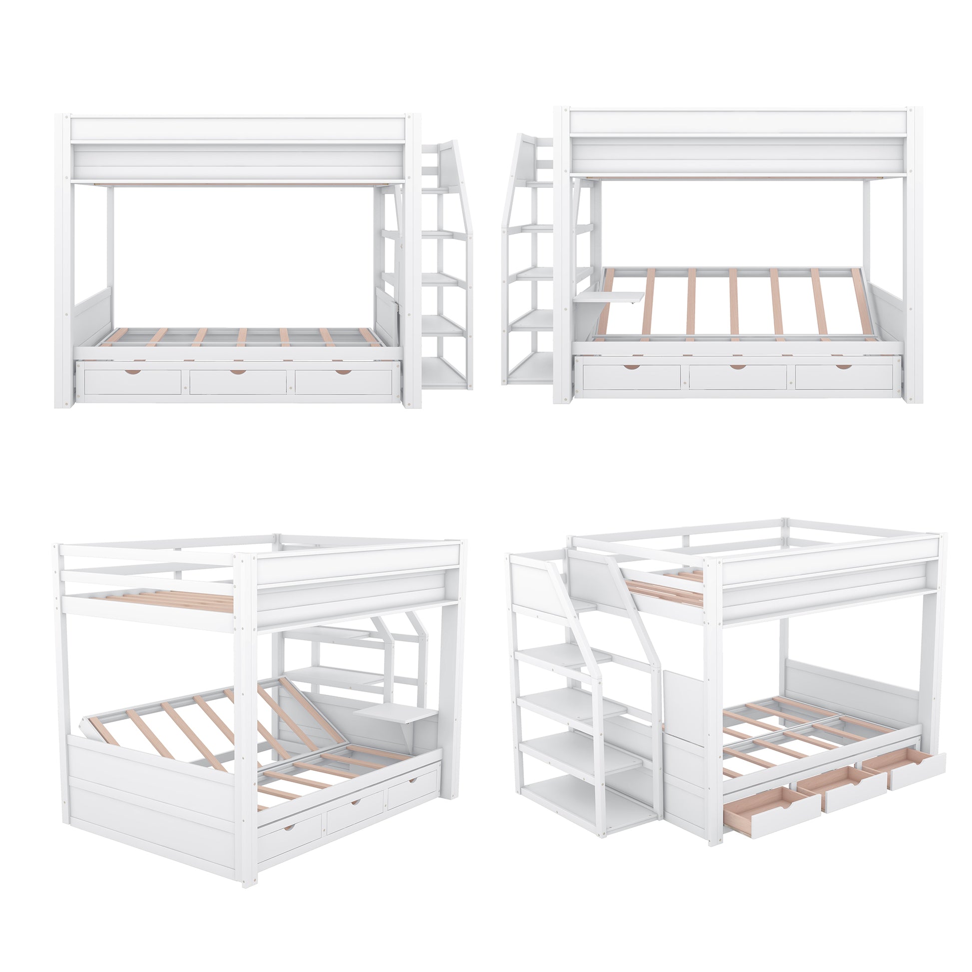 White twin over twin bunk bed with storage drawers and ladder