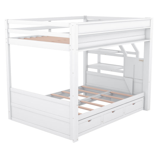 White wooden bunk bed with drawers for kids