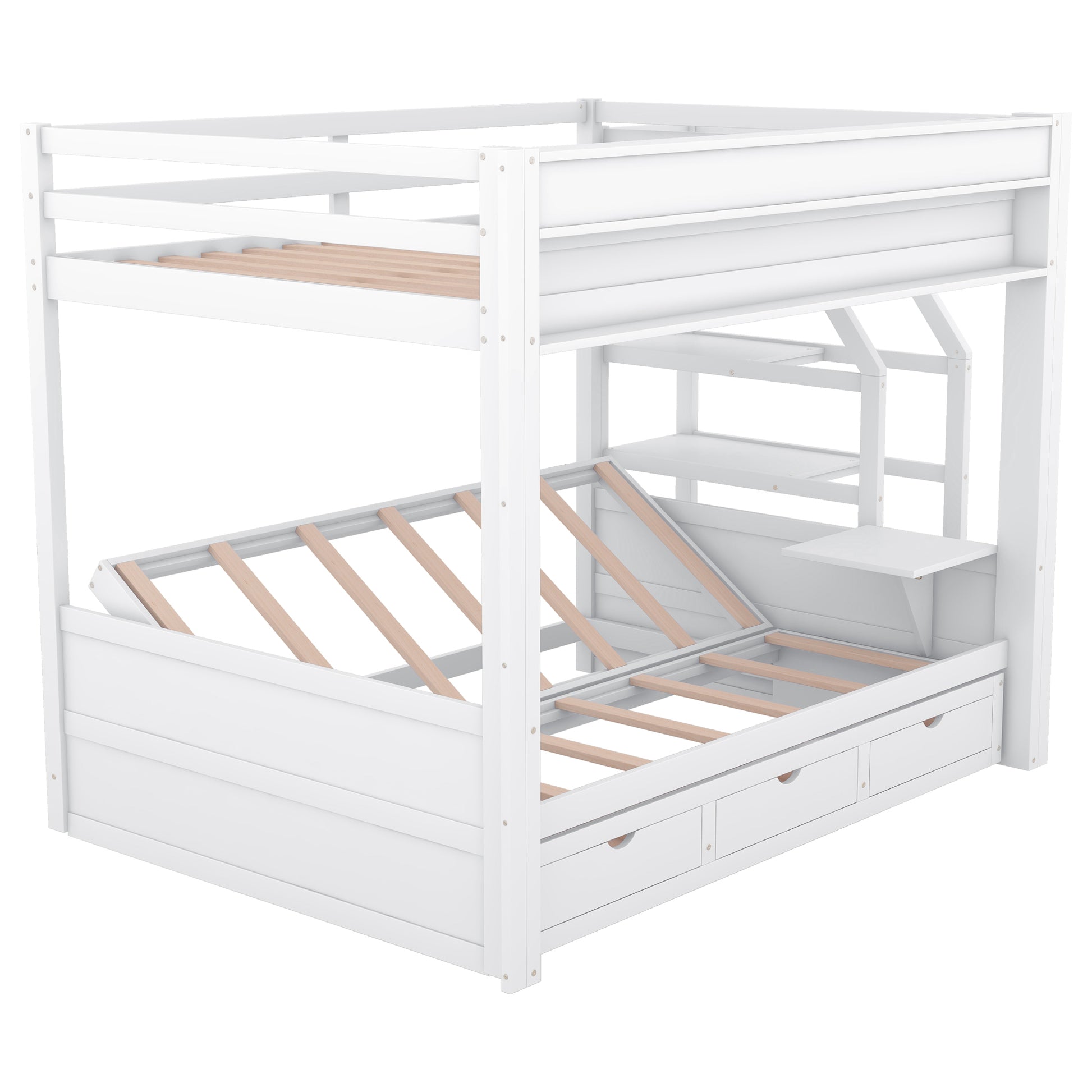 White wooden bunk bed with stairs and builtin storage drawers