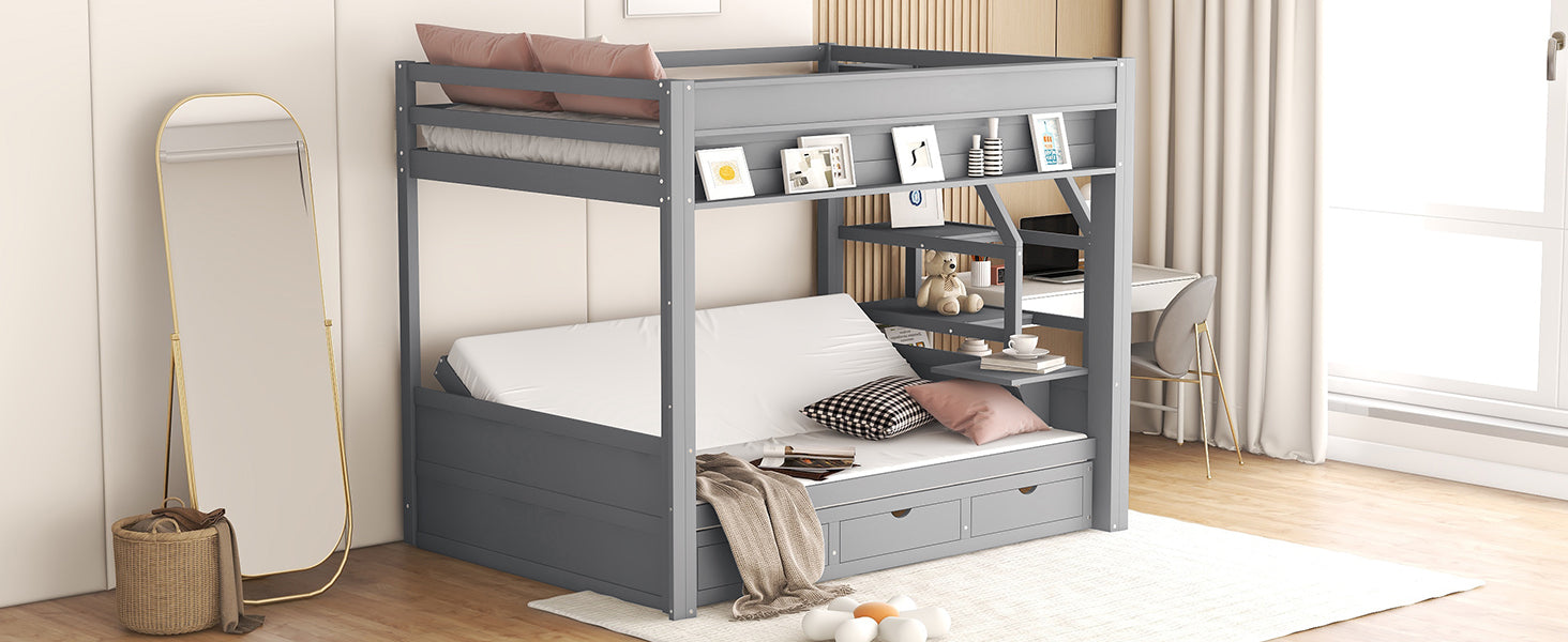 Gray twin over twin bunk bed with desk and drawers