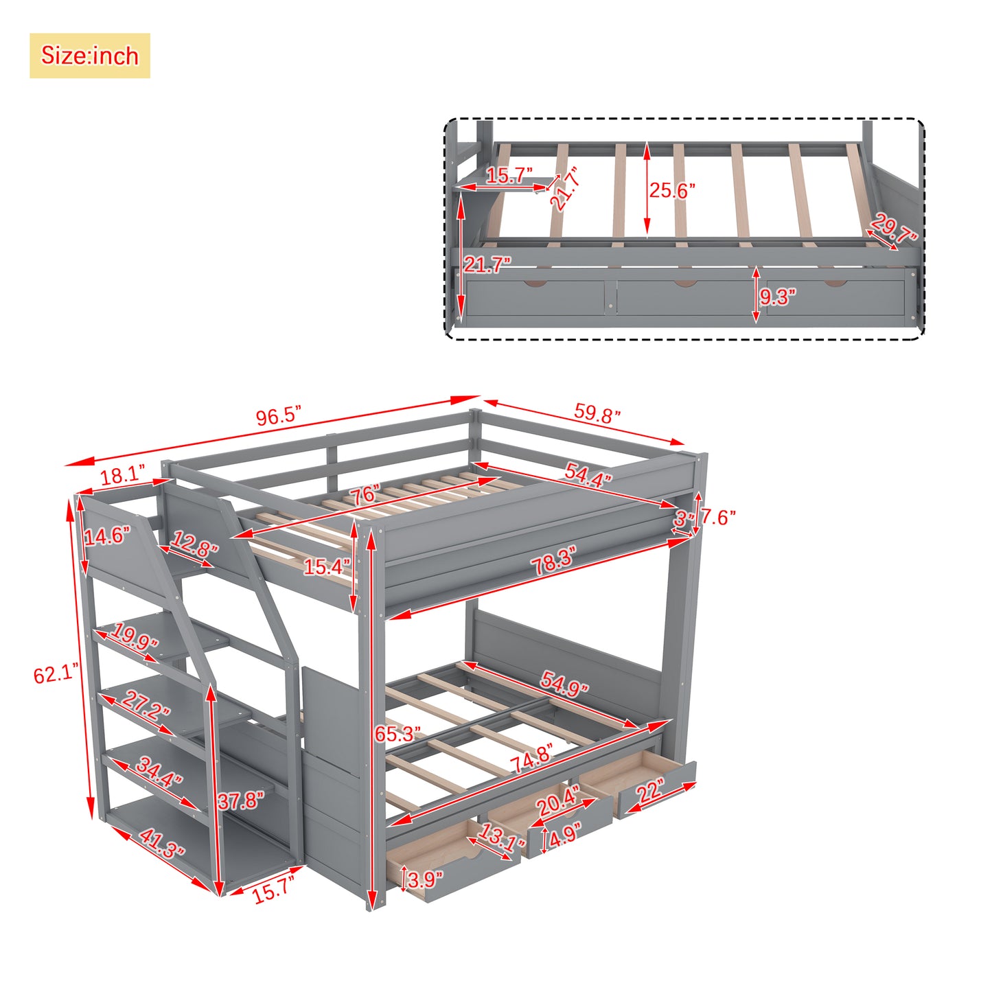 Gray twin over twin bunk bed with ladder and drawers