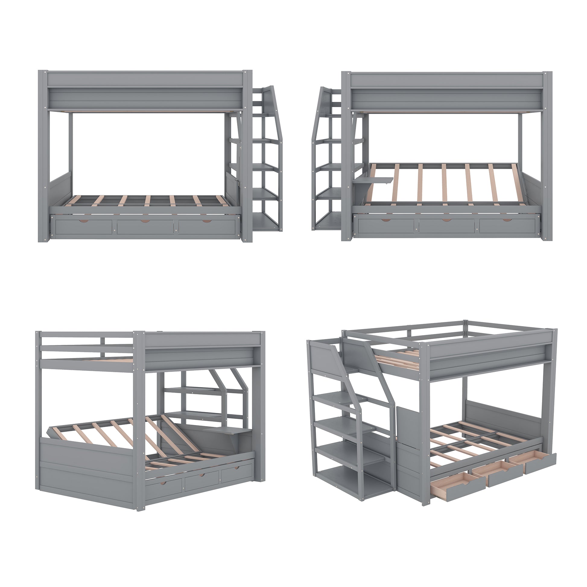 Gray wooden bunk bed with drawers and storage steps