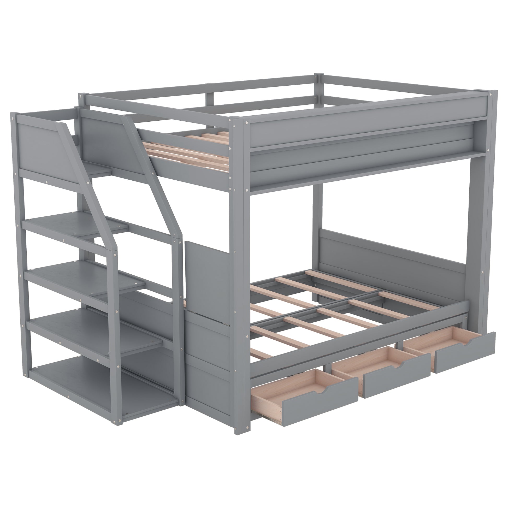 Gray wooden bunk bed with integrated ladder shelves and three storage drawers