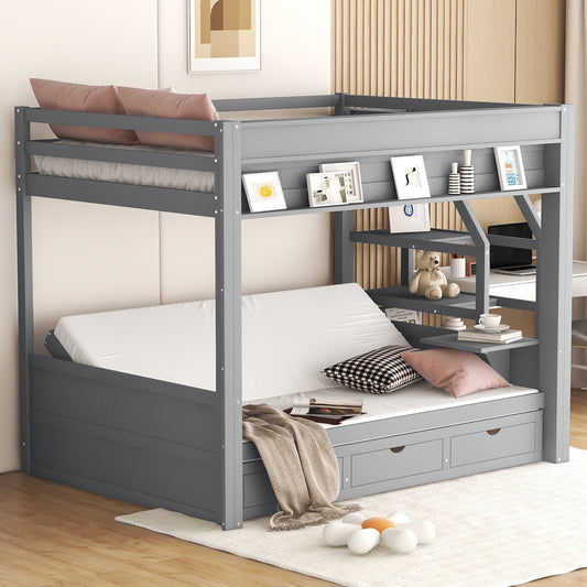 Gray wooden loft bed with shelves and drawers for kids