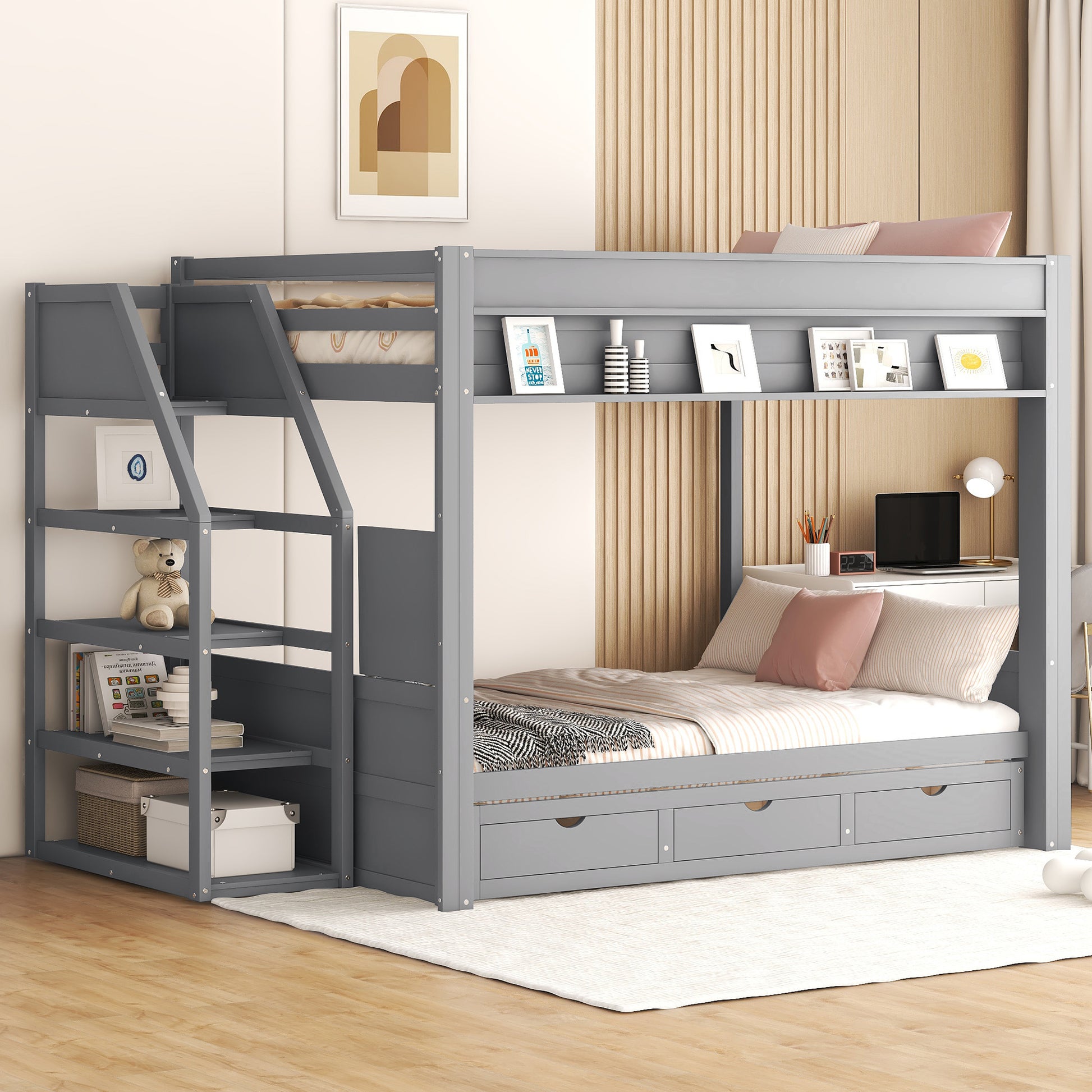 Gray bunk bed with ladder and storage shelves for kids