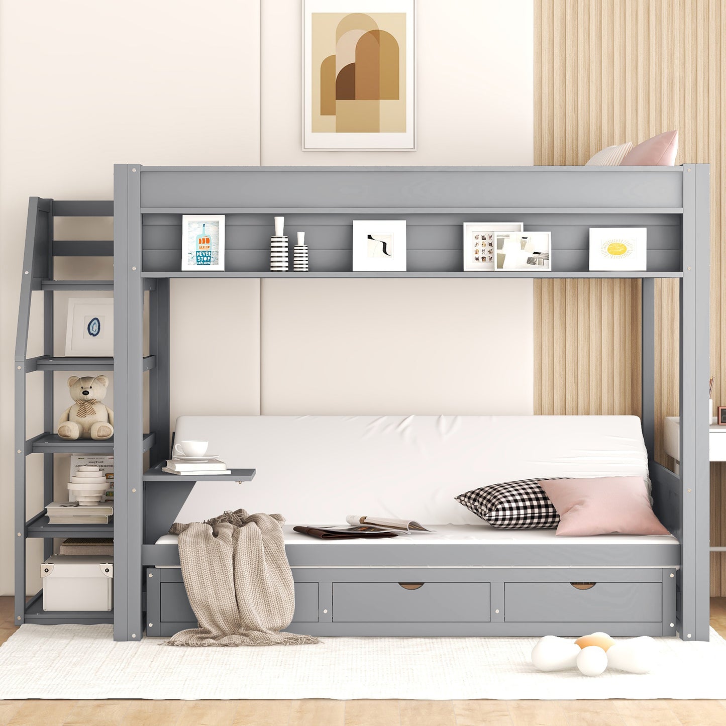 Grey twin over futon bunk bed with ladder and storage shelves
