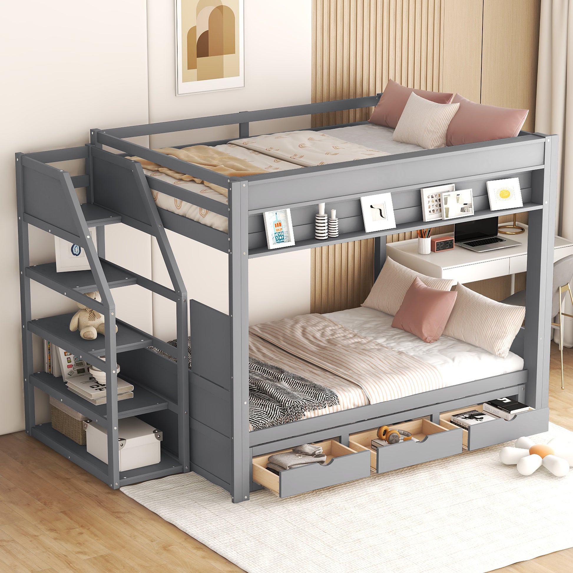 Gray wooden bunk bed with integrated desk and storage drawers for kids