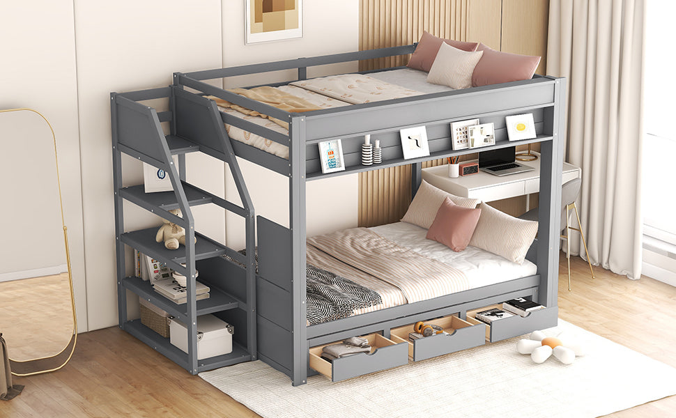 Gray wooden twinovertwin bunk bed with drawers and storage stairs