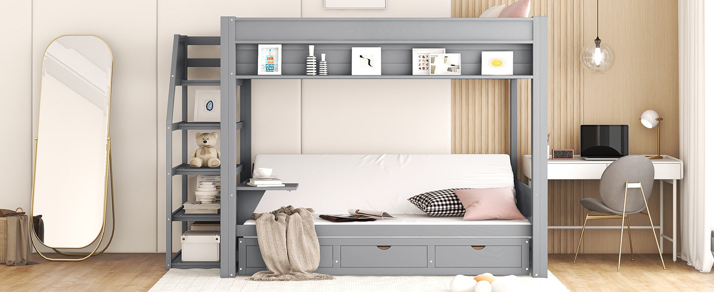 Grey wooden bunk bed with white mattress and storage drawers