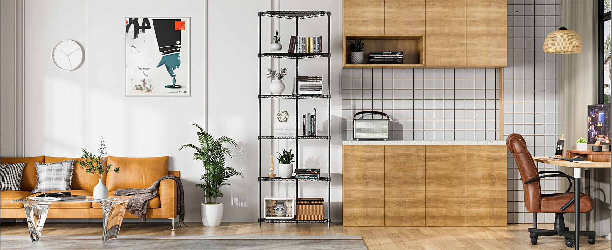 Sleek black metal shelving unit with books and decorative items