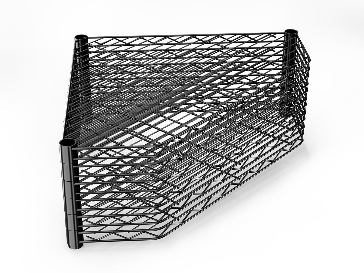 Black metal wire shelving unit with multiple tiers perfect for garage storage