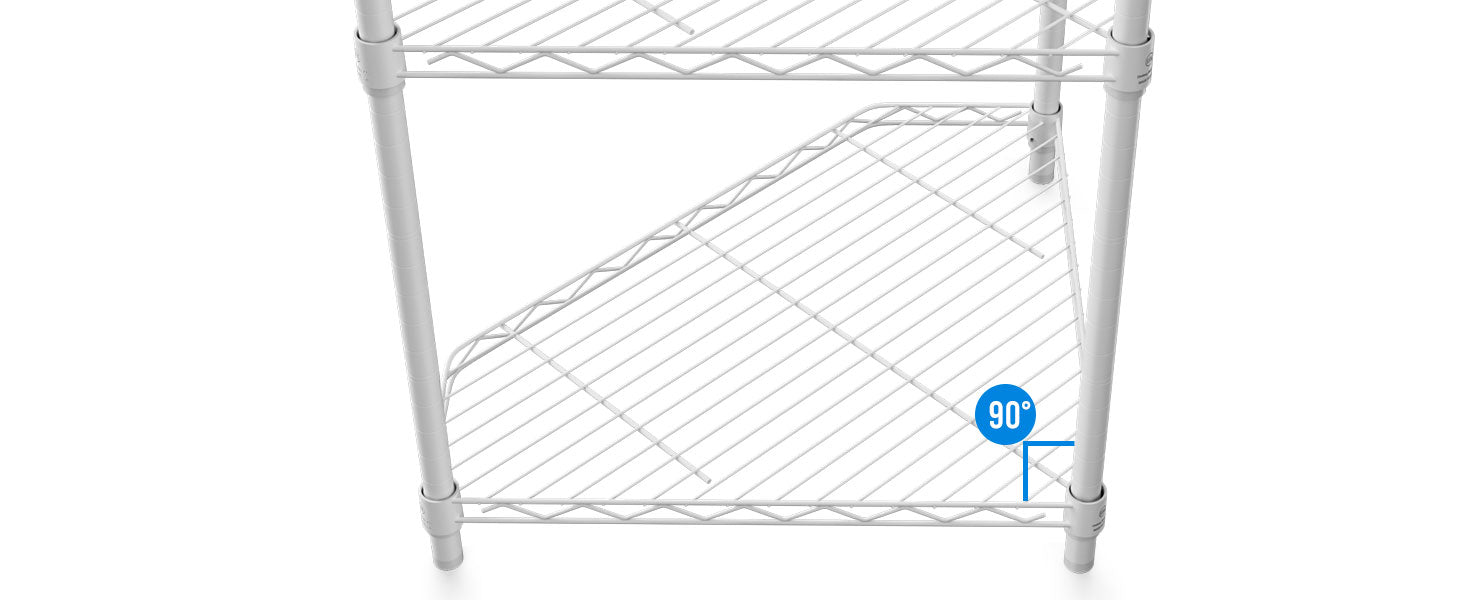 White wire shelving unit with corner shelf detail