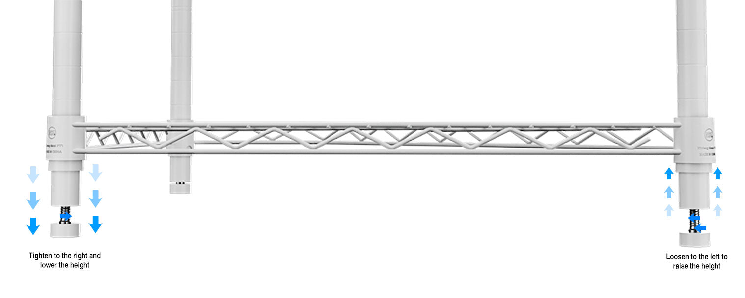 White wire shelf leg with adjustable leveling foot