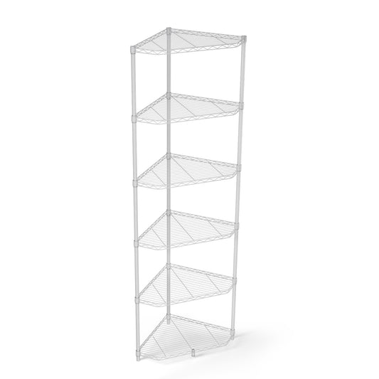 White tier metal corner shelf unit with wire mesh shelves