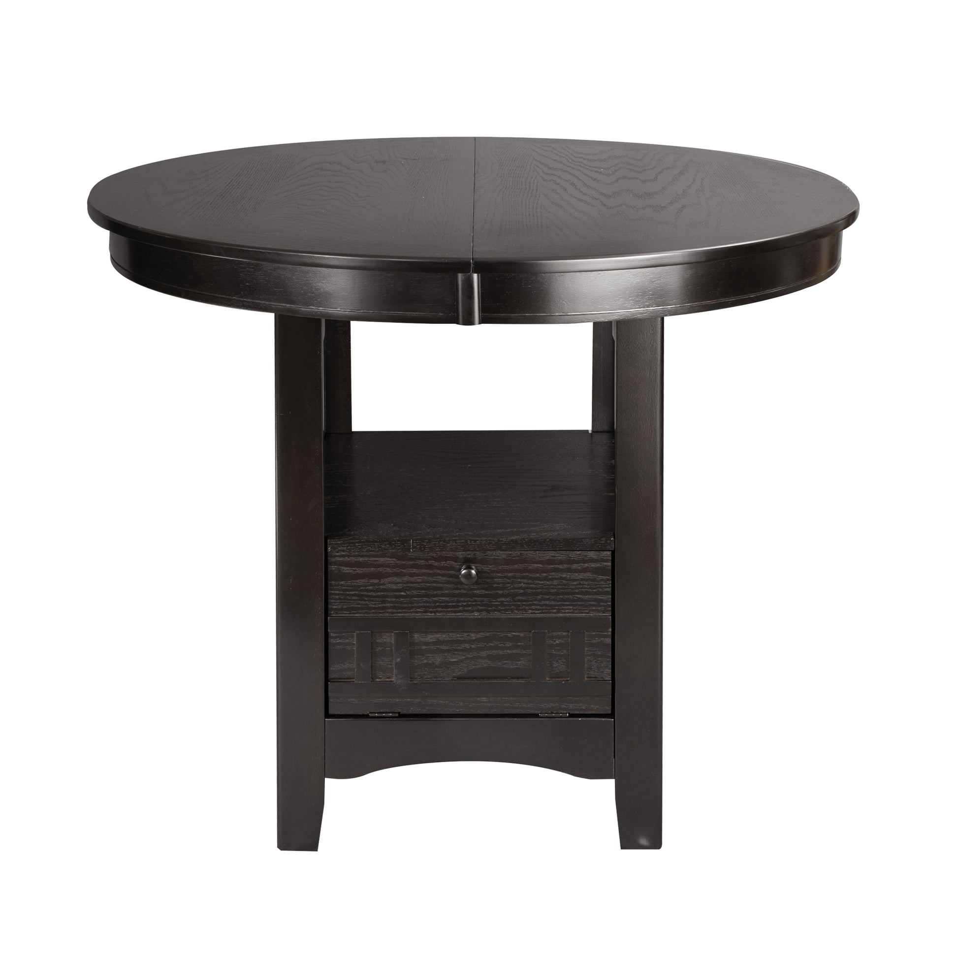 Dark espresso round dining table with single drawer and shelf