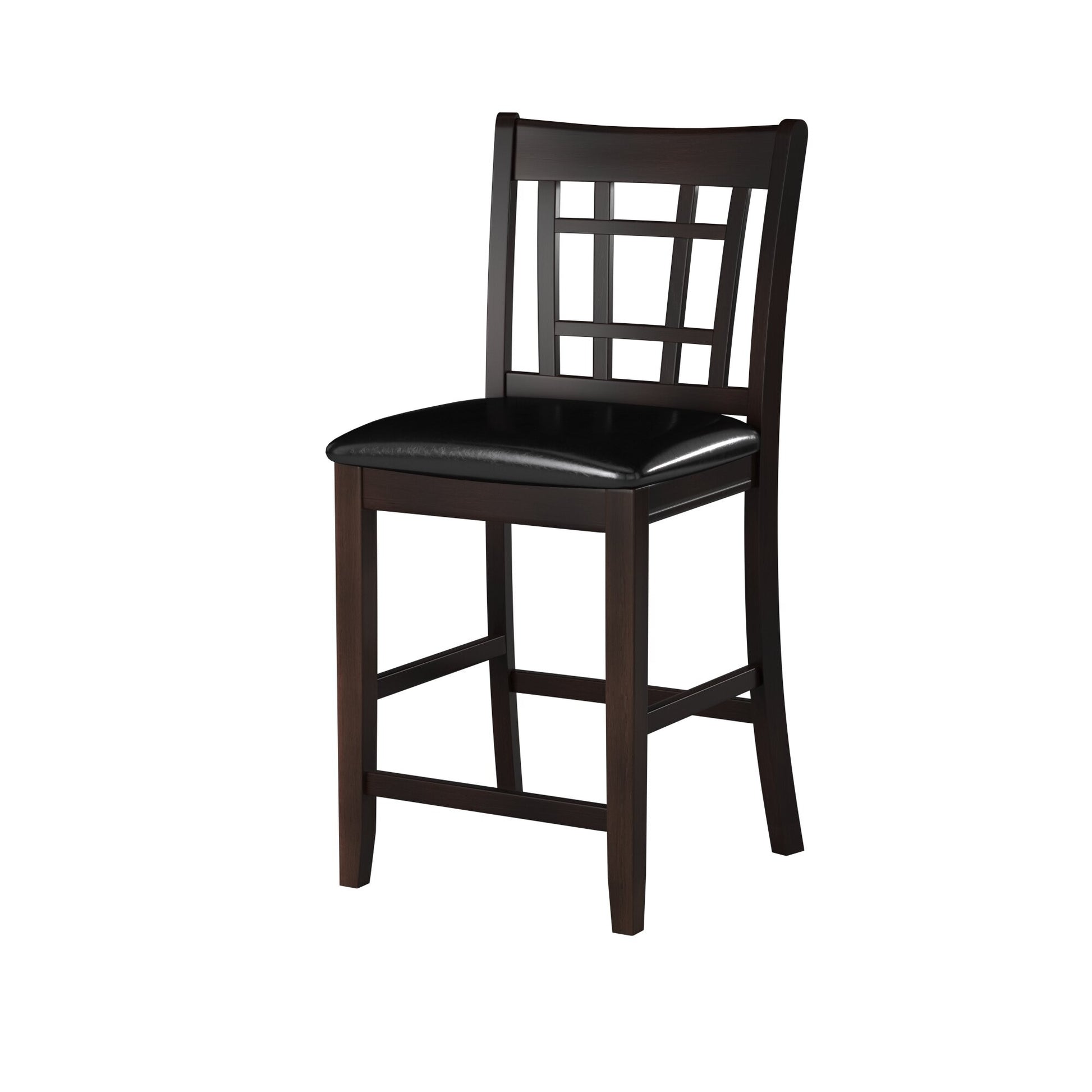 Dark brown wooden bar stool with black leather seat and geometric backrest