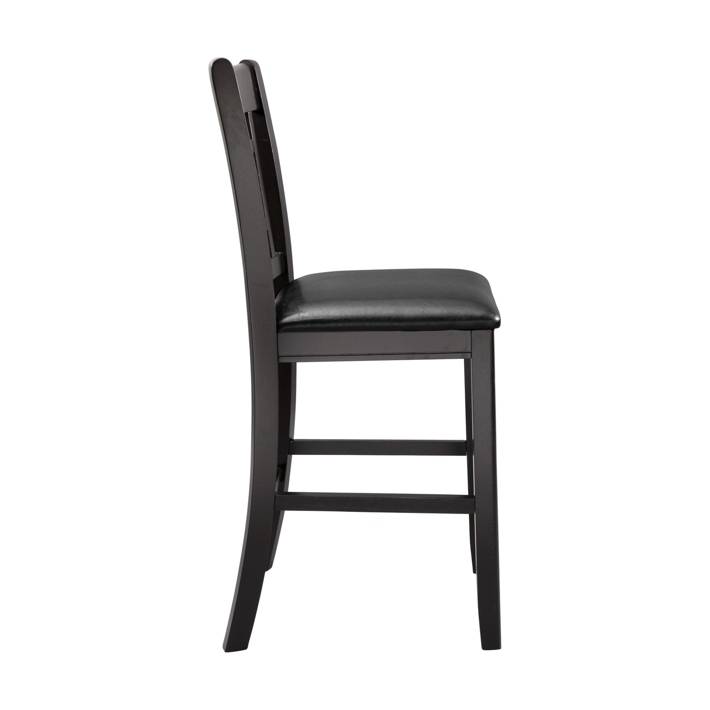 Dark wood dining chair with black faux leather seat