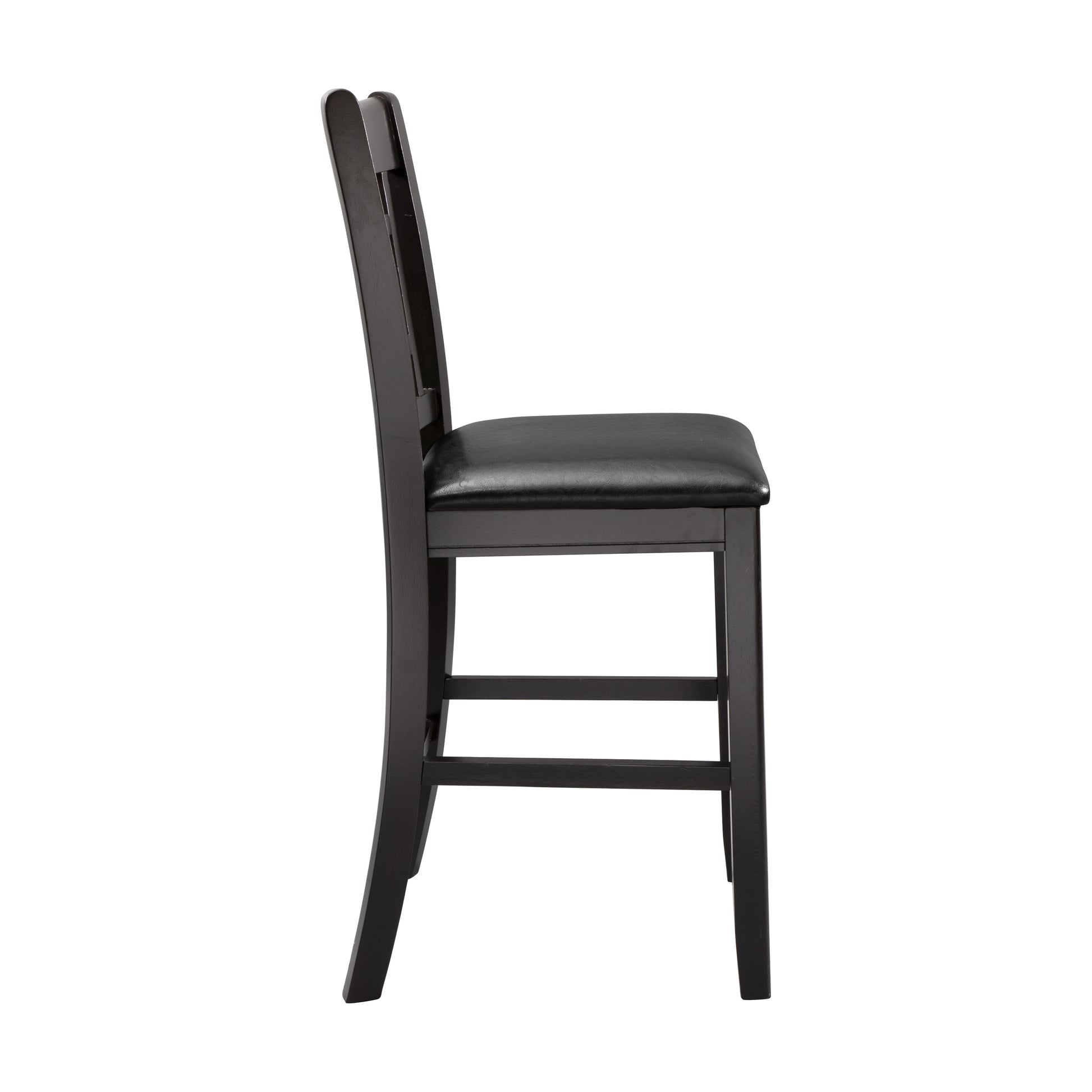 Dark wood dining chair with black faux leather seat