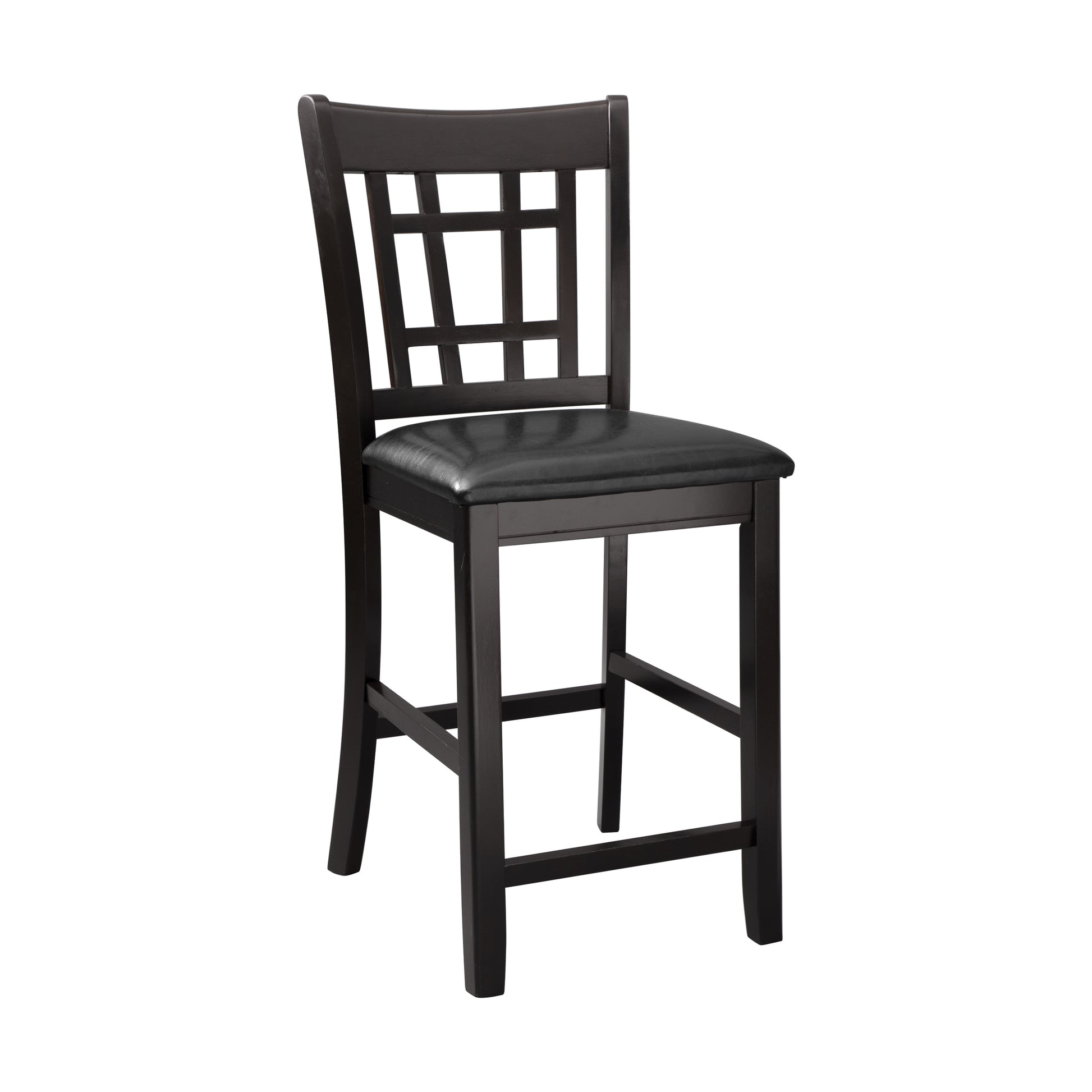 Dark espresso wooden bar stool with black leather seat and open lattice back