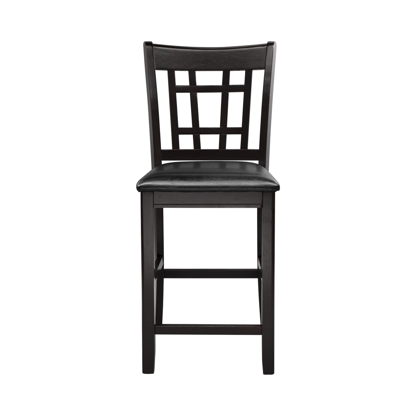 Dark espresso wood bar stool with black faux leather seat and geometric backrest