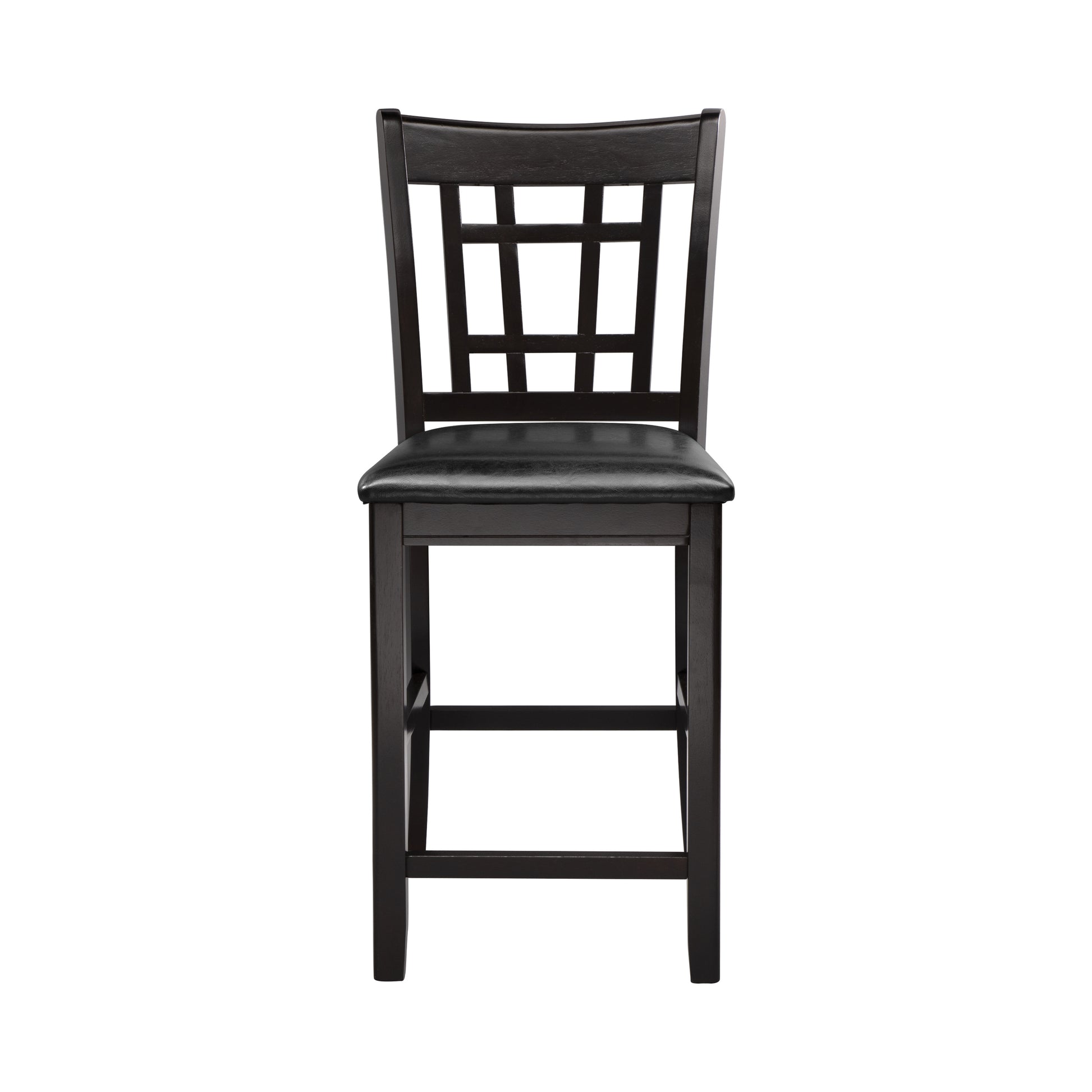 Dark espresso wood bar stool with black faux leather seat and geometric backrest