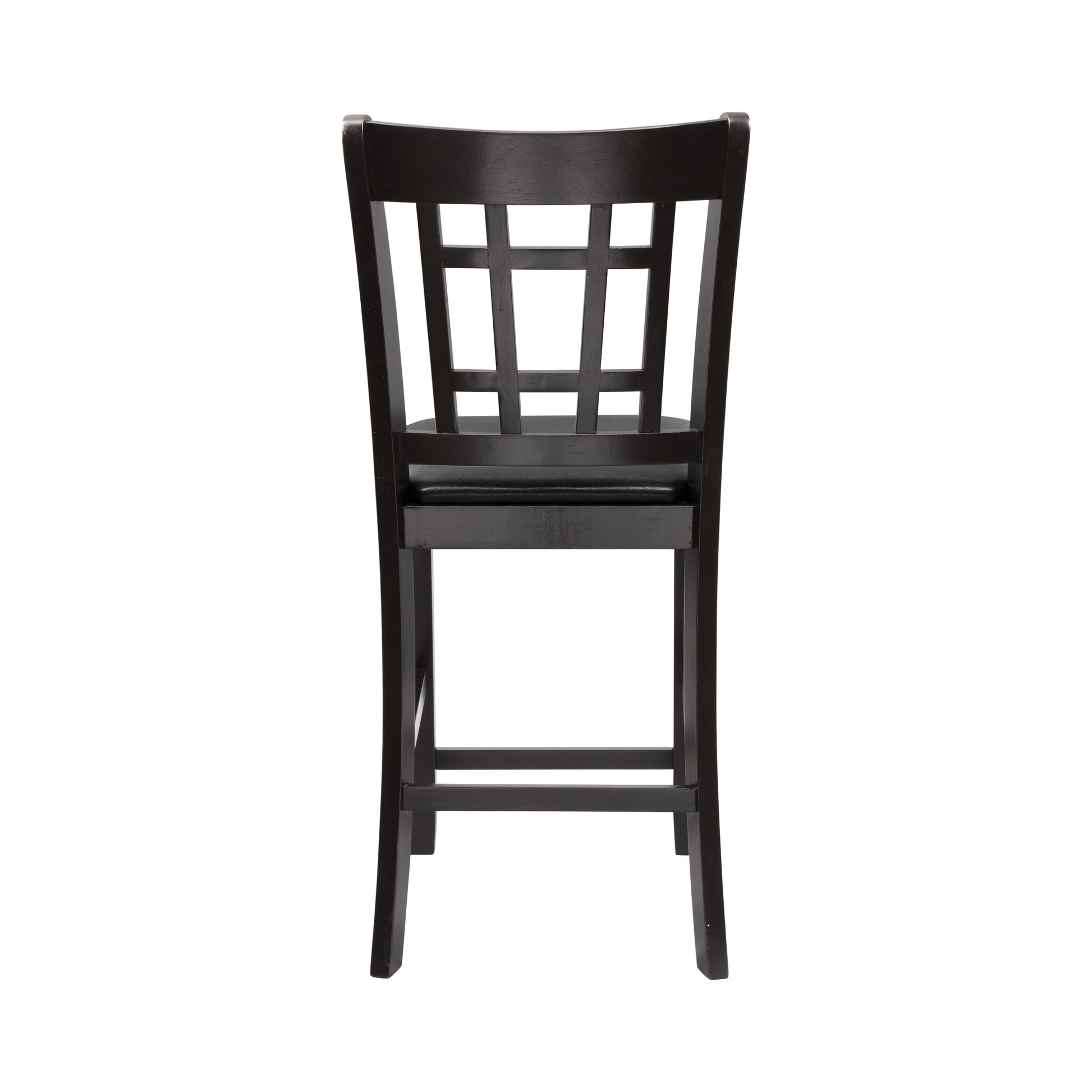 Dark brown wooden bar stool with a lattice back and black upholstered seat