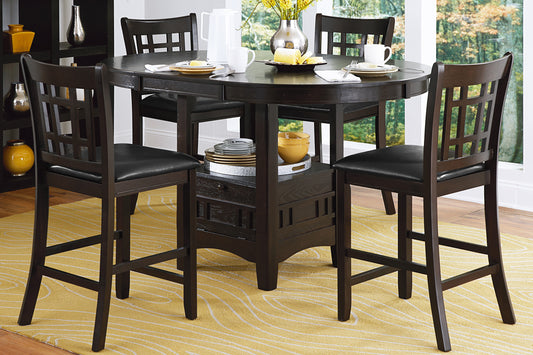 Dark wood counter height dining set with four upholstered chairs and round table