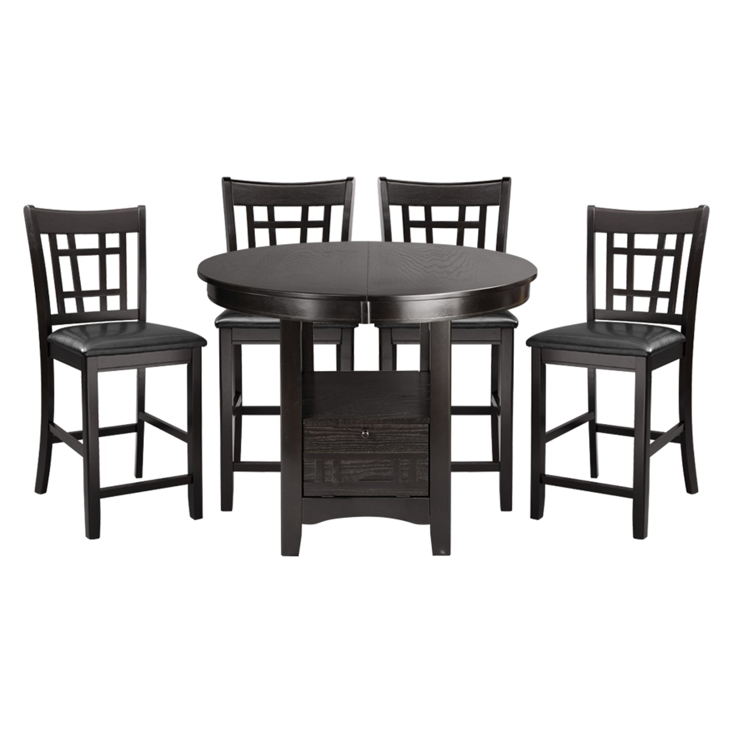 Dark wood counter height table and chairs set with padded black seats
