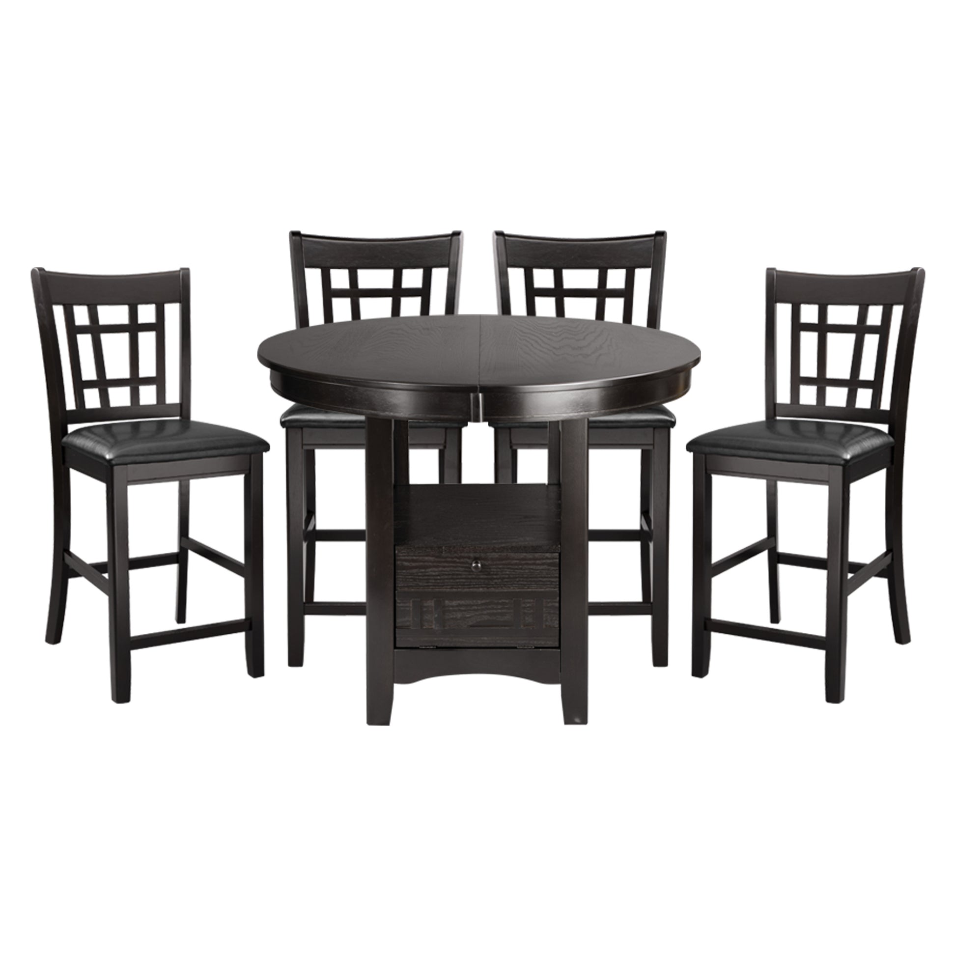 Dark wood counter height table and chairs set with padded black seats