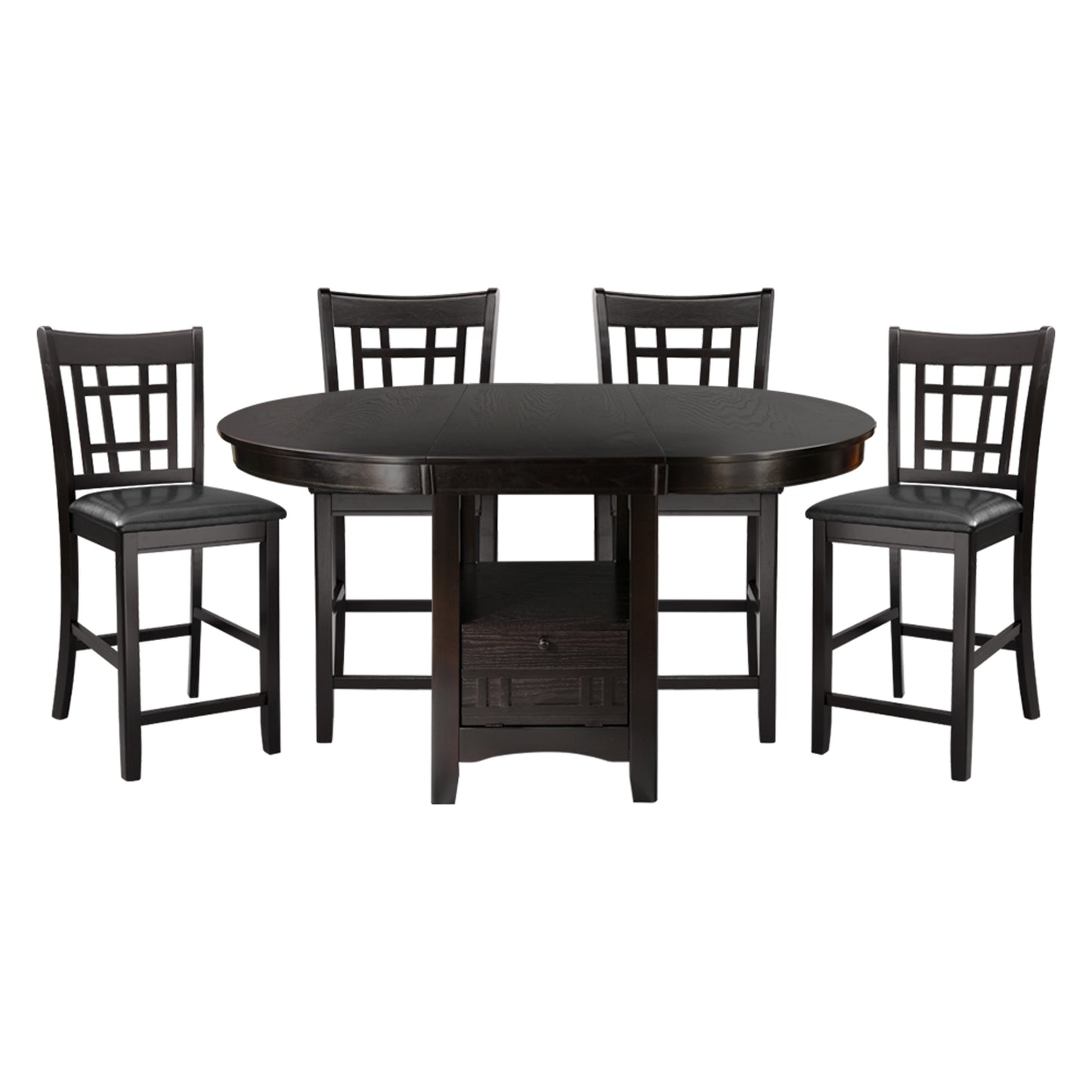 Dark espresso counter height dining set with four chairs and a table