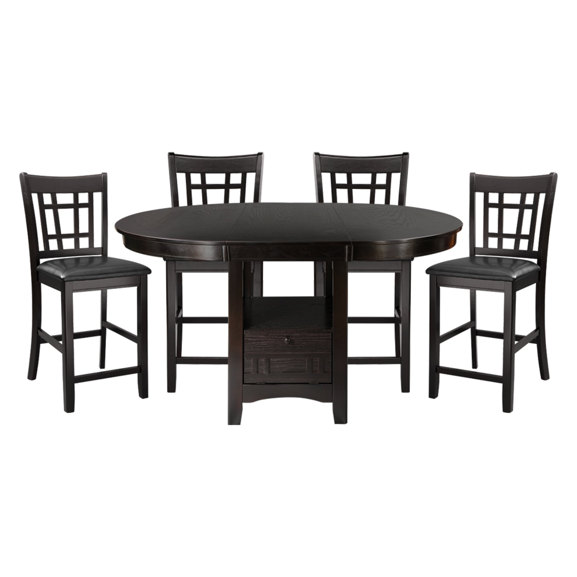Dark espresso counter height dining set with four chairs and a table
