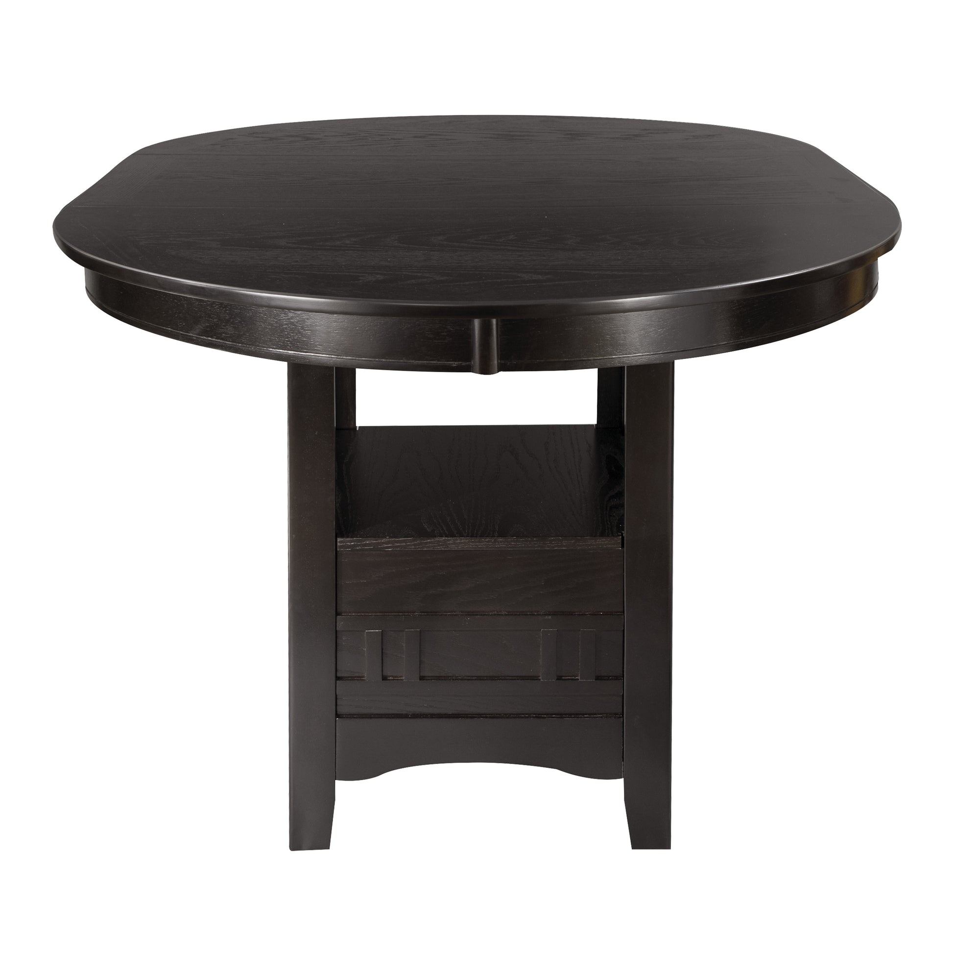 Dark brown round dining table with storage shelf