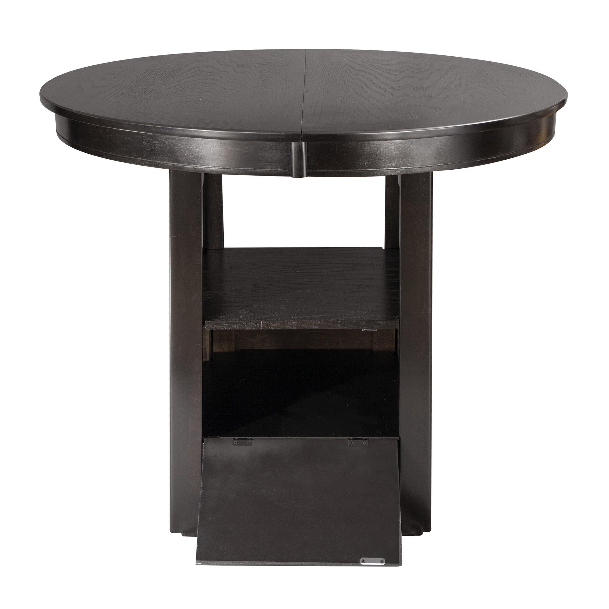 Dark wood round dining table with expandable leaves