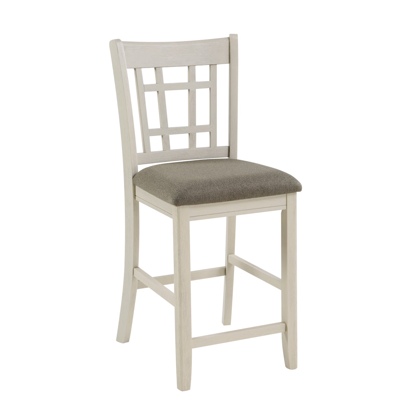 Cream wooden bar stool with a grey upholstered seat and open geometric back