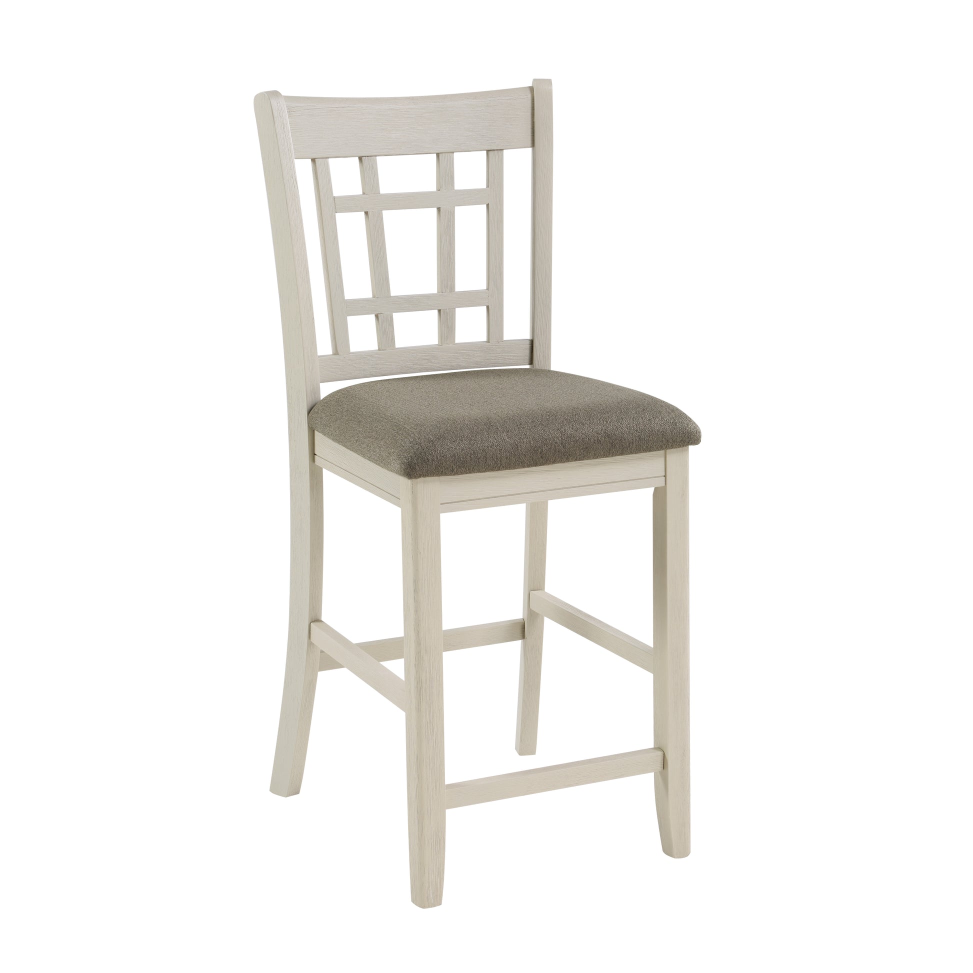 Cream wooden bar stool with a grey upholstered seat and open geometric back