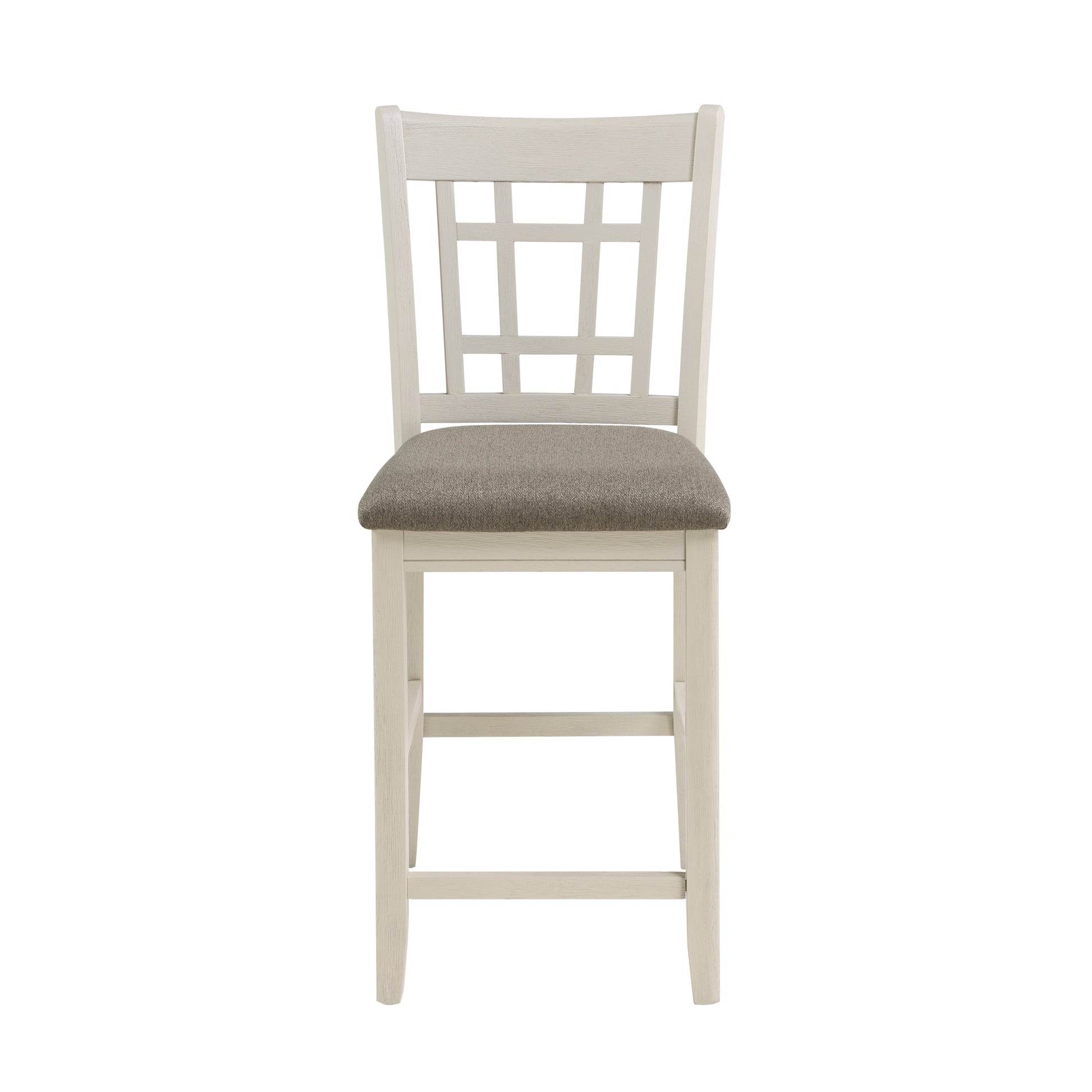 Whitewashed wooden bar stool with grey upholstered seat and geometric backrest