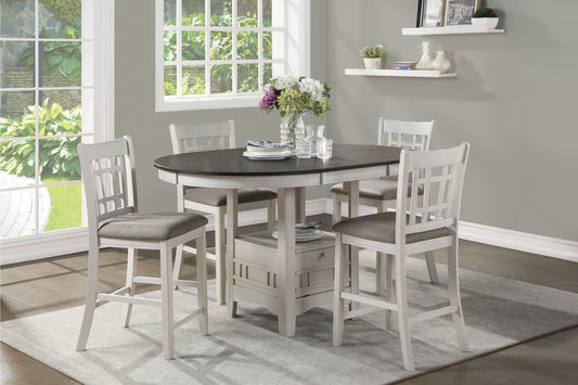 Oval dining table with four distressed white counter stools