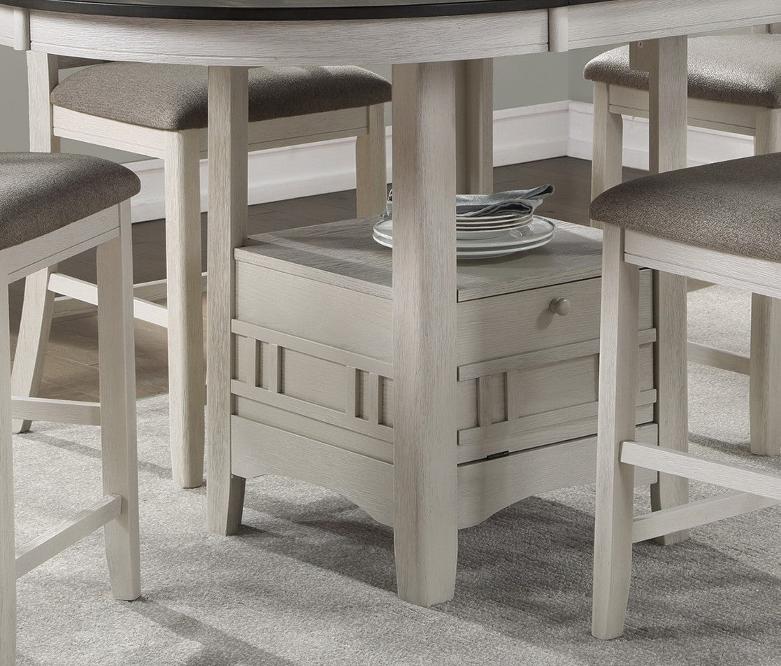 Rustic white washed wood counter height table with builtin storage drawer